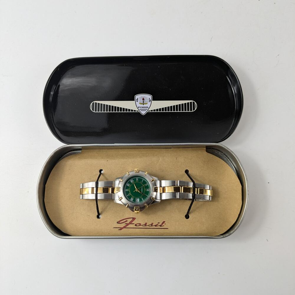 Fossil AM-2956 Womens Wrist Watch 1994 Green Silver NEEDS BATTERY Authentic Case